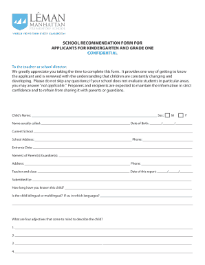 School Recommendation Form for Kindergarten and Grade One