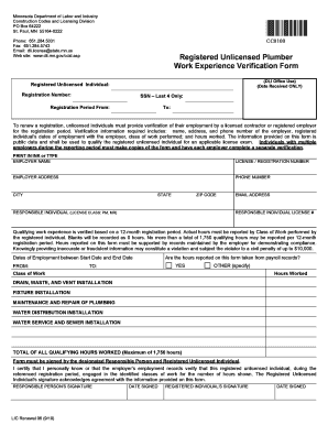 Minnesota Plumber Work Experience Verification Form