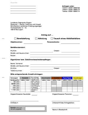 Antrag auf Bereitstellung Abholung Tausch eines Abfallbehälters