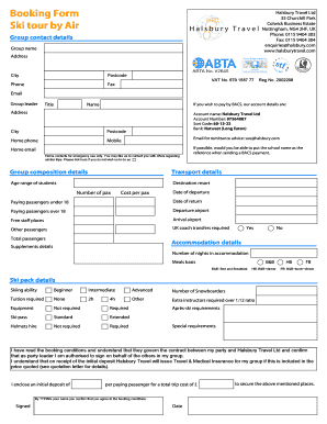 Halsbury Travel Ski Tour Booking Form