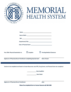 Memorial Health Systems Pre-Placement Physical Exam
