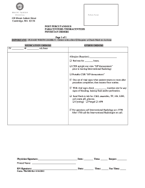 Post Percutaneous Paracentesis/Thoracentesis Physician Orders