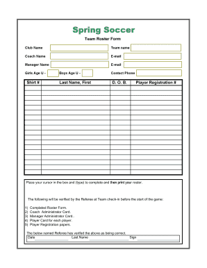 Spring Soccer Team Roster Form