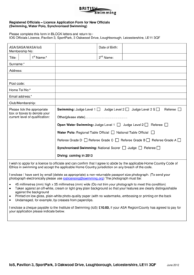 Swimming Officials Licence Application Form