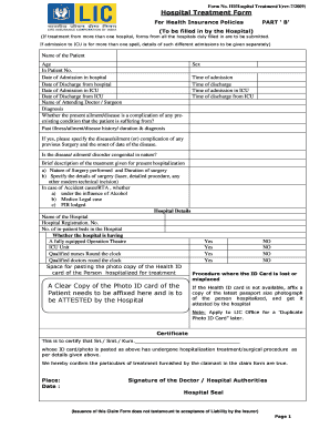 Hospital Treatment Form for Health Insurance