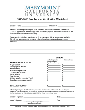2015-2016 Low Income Verification Worksheet