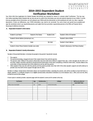 2014–2015 Dependent Student Verification Worksheet