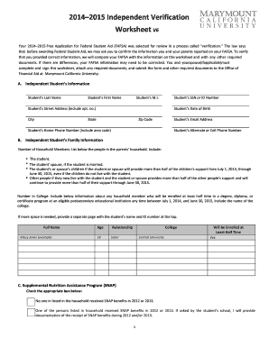2014–2015 Verification Worksheet for FAFSA