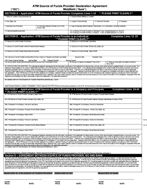ATM Source of Funds Provider Declaration Agreement