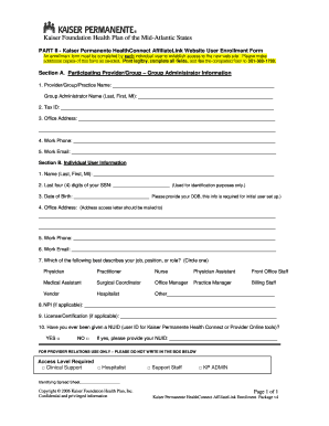 Kaiser Permanente HealthConnect AffiliateLink Enrollment Form