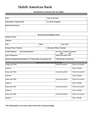 Habib American Bank Business Account Setup Form