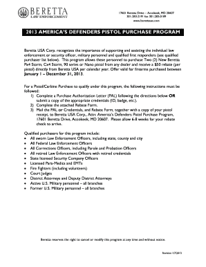 Beretta USA America's Defenders Pistol Purchase Program Rebate Form