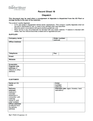 Record Sheet 18 Dispatch - Biofertiliser - Certification Scheme