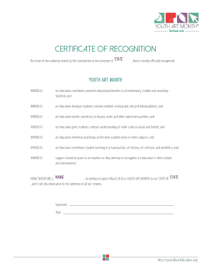 Youth Art Month Recognition Certificate