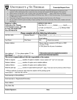 University of St. Thomas Transcript Request Form