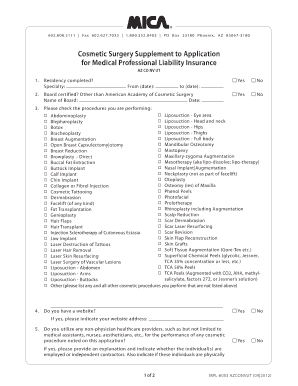 Cosmetic Surgery Supplement to Application for Medical Professional Liability Insurance