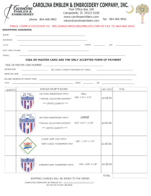 Order Form for Baseball Patches