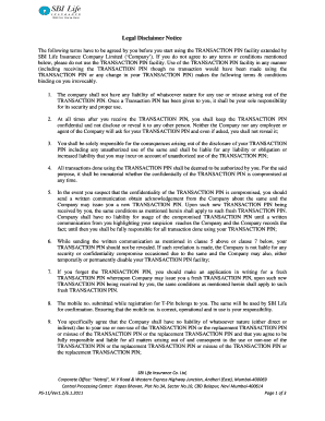 SBI Life Insurance Transaction PIN Agreement