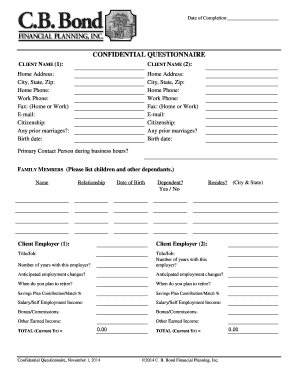 Confidential Financial Planning Questionnaire